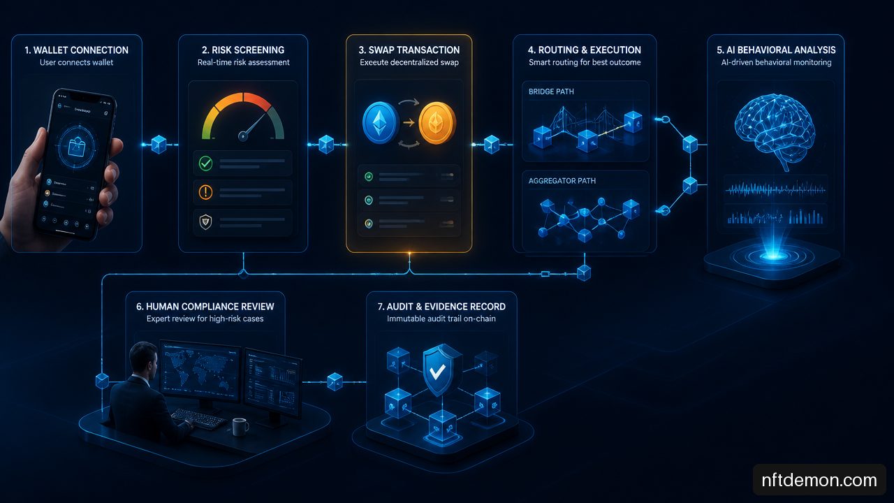 Illustration of AI-powered AML monitoring workflow from DEX wallet screening to compliance case review.