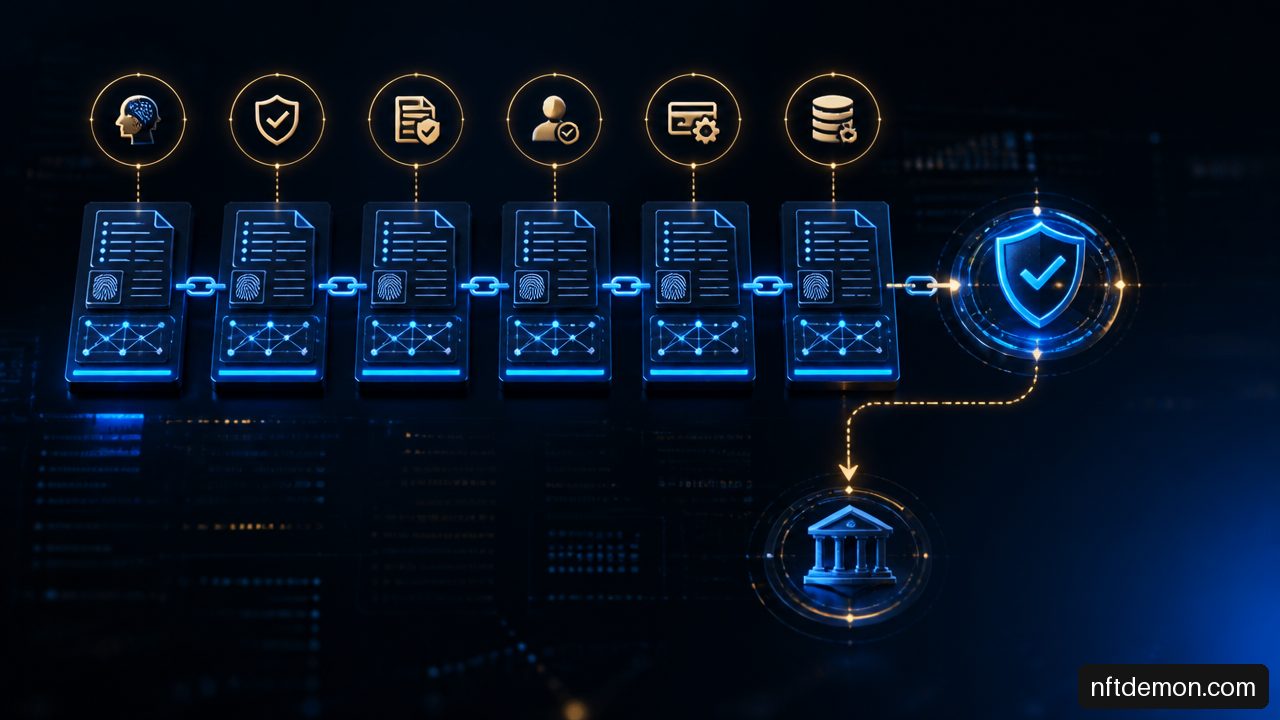 Diagram of cryptographically chained audit events connecting an AI financial decision to transaction execution.