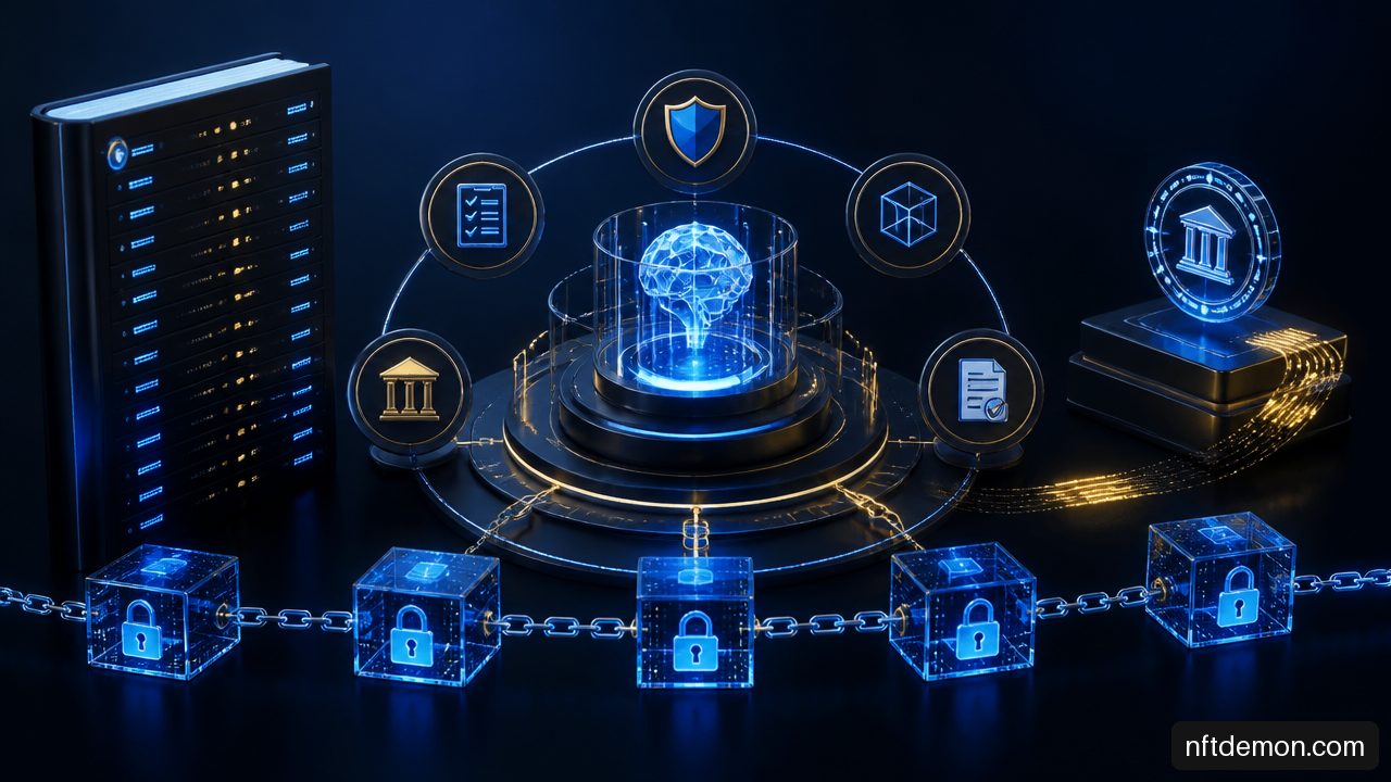 Illustration of an autonomous AI financial workflow linked to governance checks, audit records, and payment settlement.