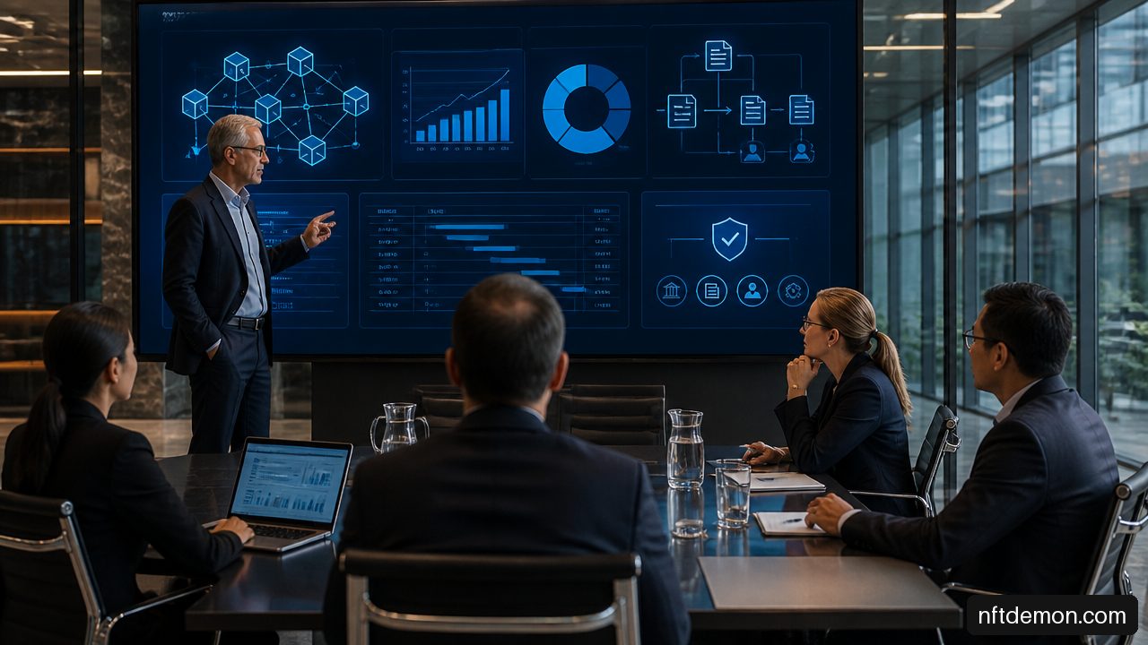 Executives reviewing a blockchain business case with operational cost and reconciliation metrics.