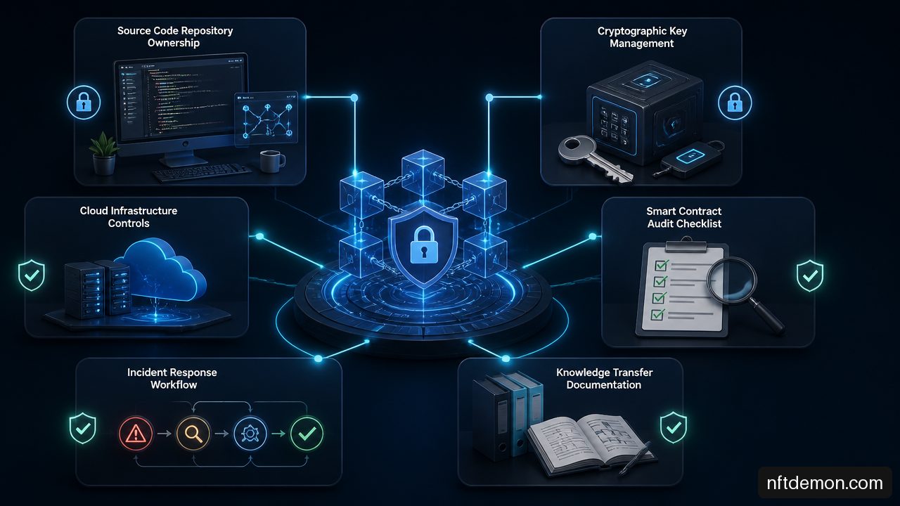 Blockchain vendor governance controls for source code, keys, security reviews, and operational handoff.