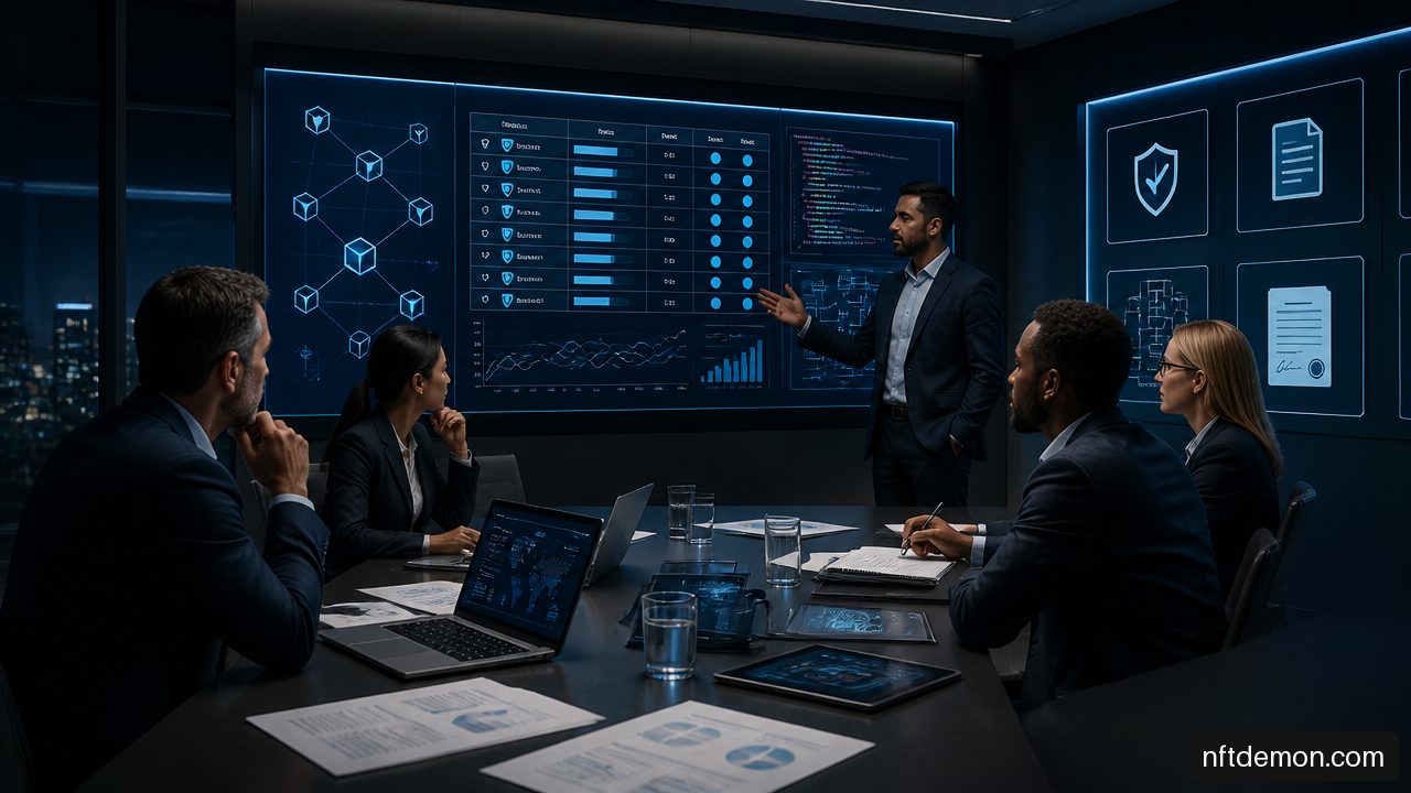 Executive team reviewing blockchain consulting vendor risk, security, and delivery evidence.