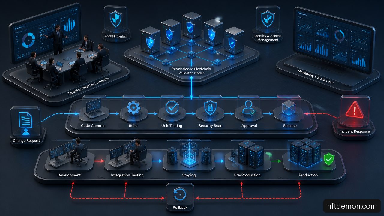 Permissioned blockchain change management workflow showing testing, approval, deployment, and rollback controls.