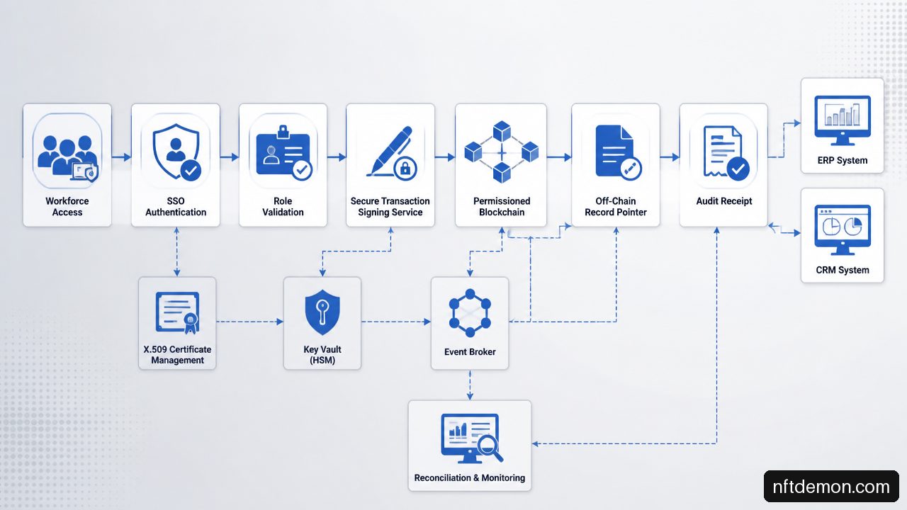 Identity controlled blockchain transaction flow from enterprise SSO and signing services through a permissioned ledger to ERP and CRM reconciliation.