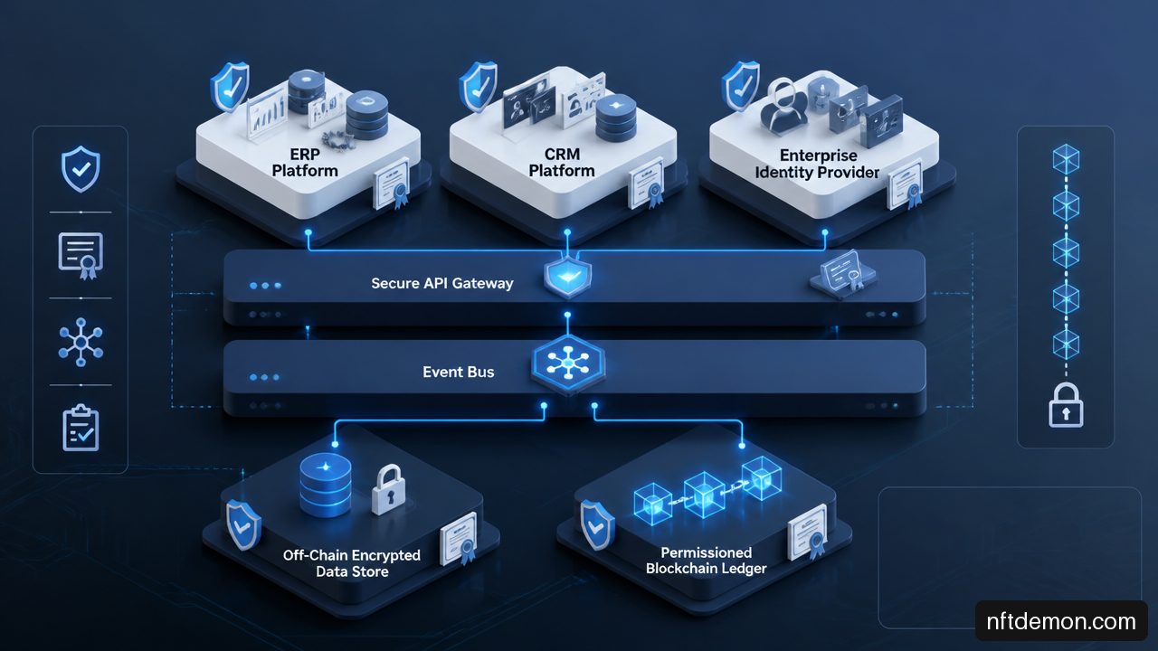 Layered blockchain integration architecture connecting ERP, CRM, identity services, event middleware, off chain storage, and a permissioned ledger.
