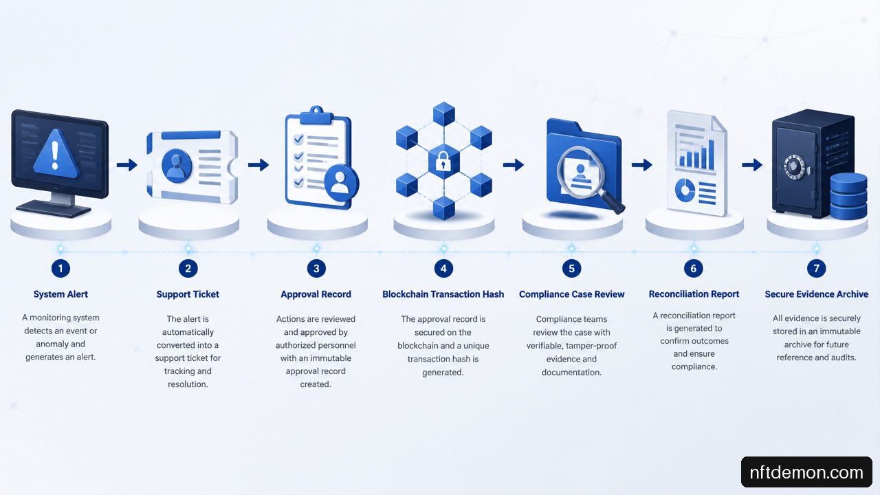 Workflow for preserving blockchain operational evidence from alert through audit archive.