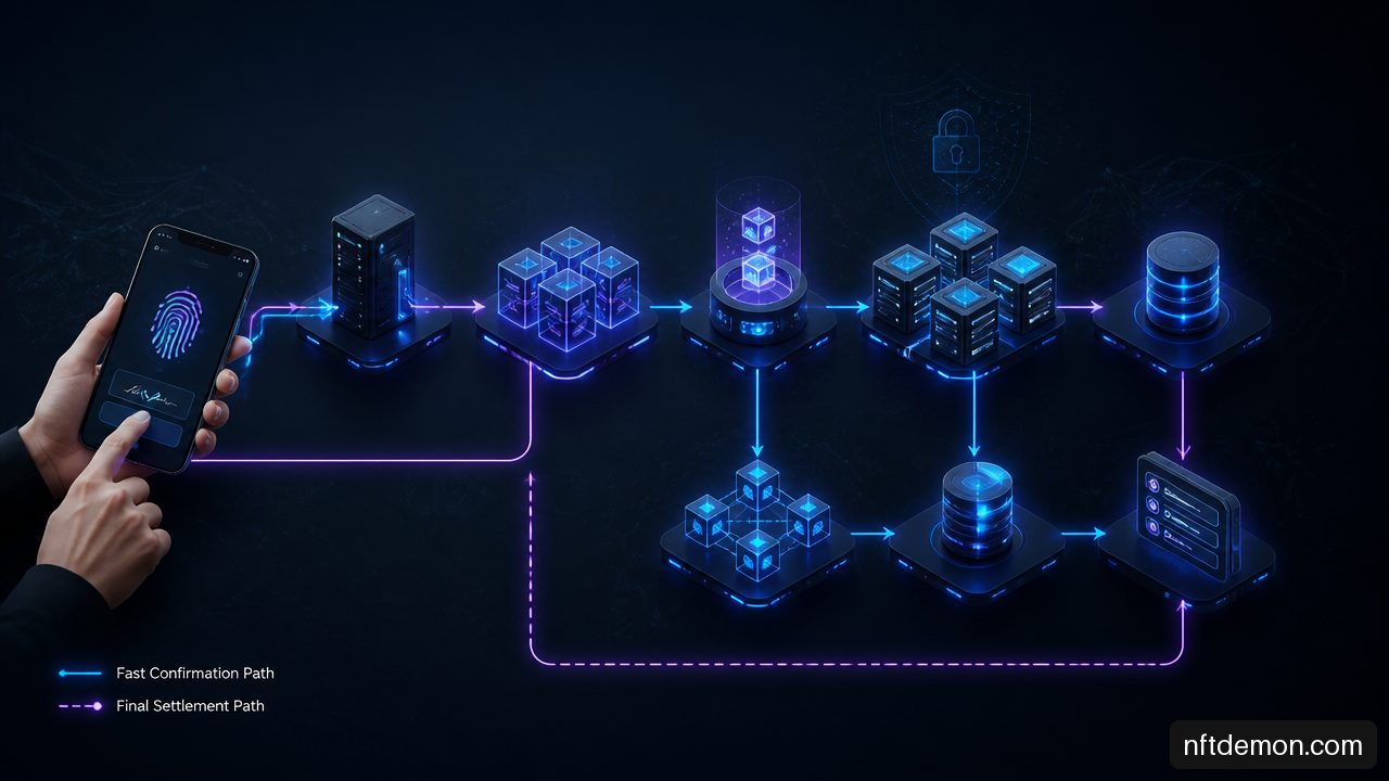 Consumer blockchain transaction flow showing wallet, RPC, sequencer, execution, data availability, settlement, indexing, and application update.