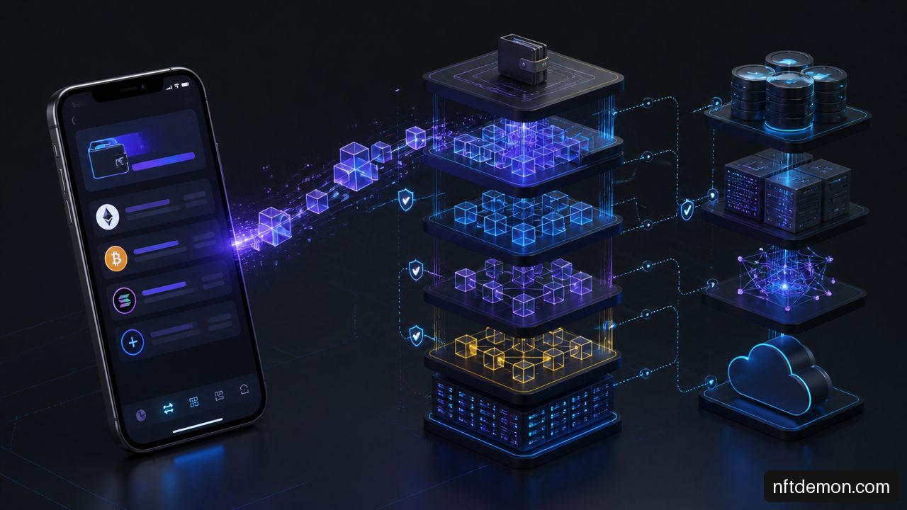 Layered blockchain scalability architecture connecting a consumer application to execution, data availability, settlement, and cloud infrastructure.