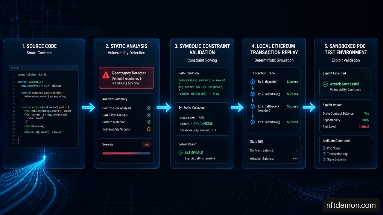 Sandboxed pipeline for static analysis, symbolic validation, transaction replay, and smart contract exploit testing.