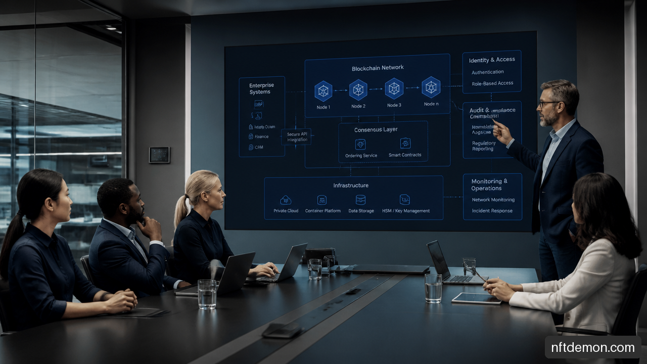 Enterprise leaders reviewing blockchain architecture, security controls, and system integrations for a production deployment.