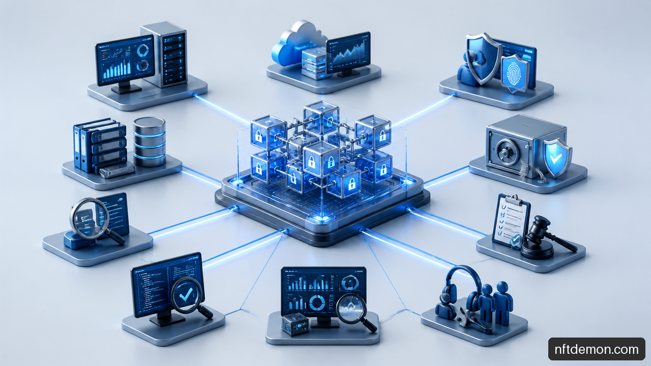 Enterprise blockchain production readiness diagram showing integrations, identity, key management, governance, monitoring, and incident response.