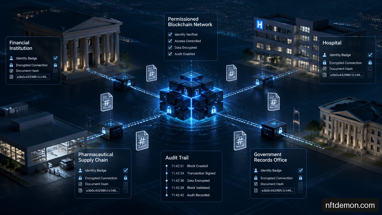 Enterprise blockchain network connecting regulated financial, healthcare, supply chain, and government systems.