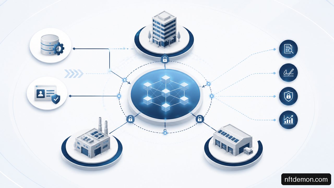 Diagram of a limited permissioned blockchain proof of concept with participants, ERP integration, identity controls, and audit records.