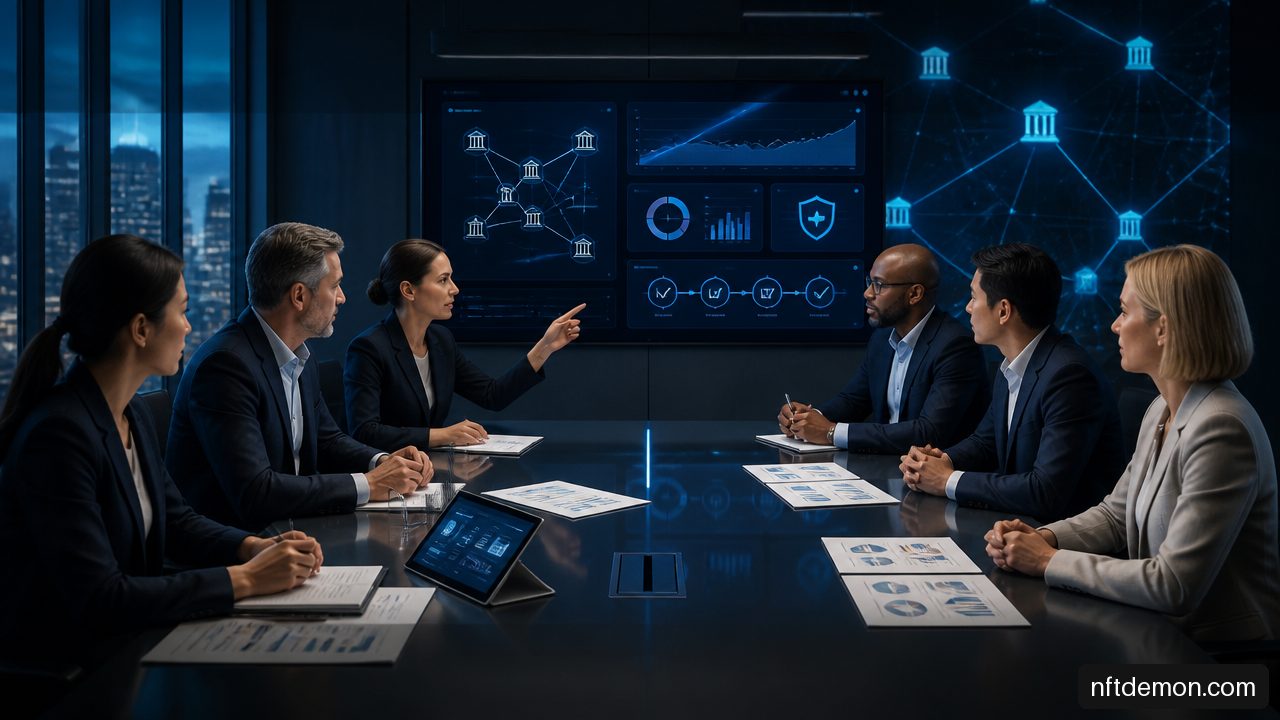 Executive team reviewing an enterprise blockchain proof of concept approval dashboard.