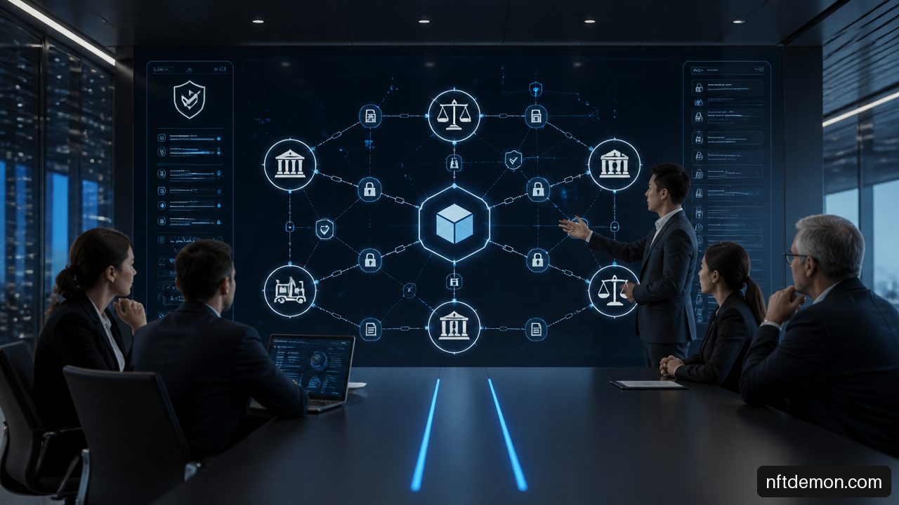 Enterprise leaders reviewing a permissioned blockchain compliance network with audit and access controls.