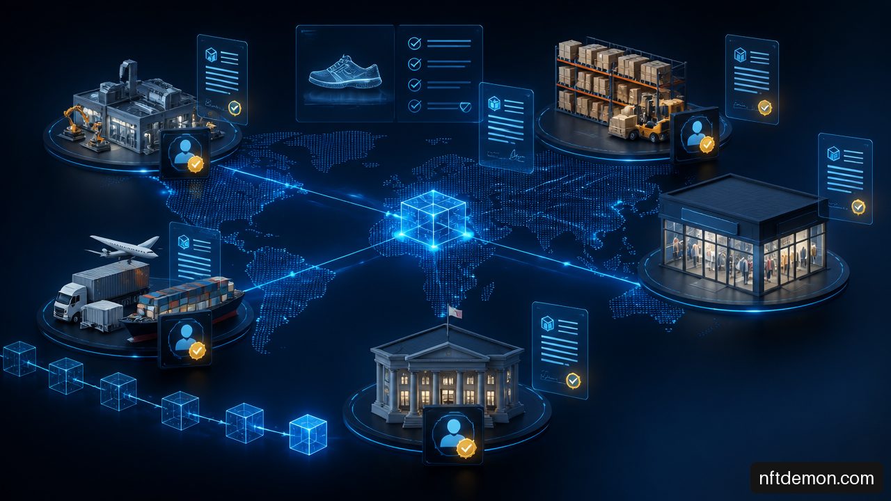 Enterprise supply chain network connected through blockchain traceability records and verified digital identities