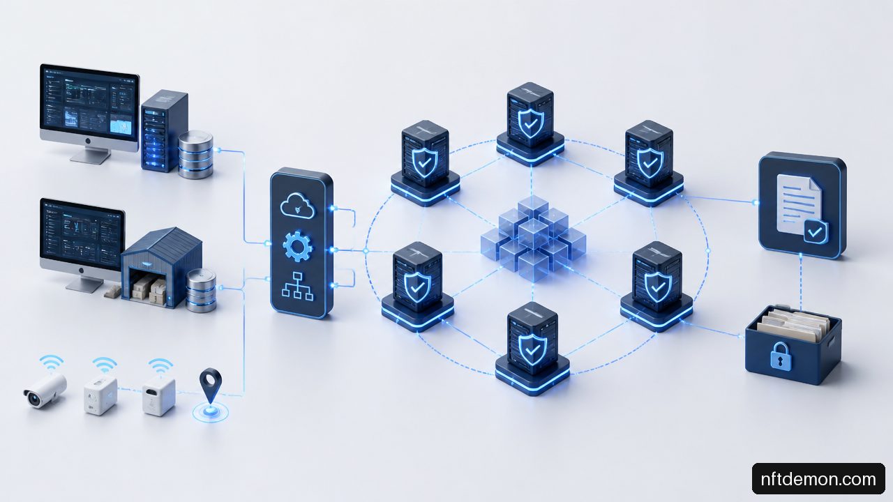 Permissioned blockchain architecture integrating ERP, WMS, IoT, validators, and off-chain supply chain records