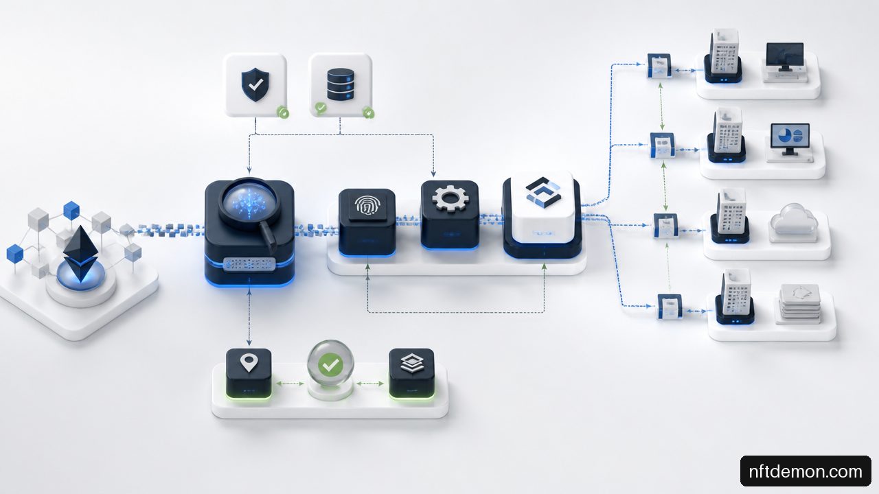 Architecture diagram of smart contract events moving through an indexer, validation layer, message queue, and legacy software adapters.