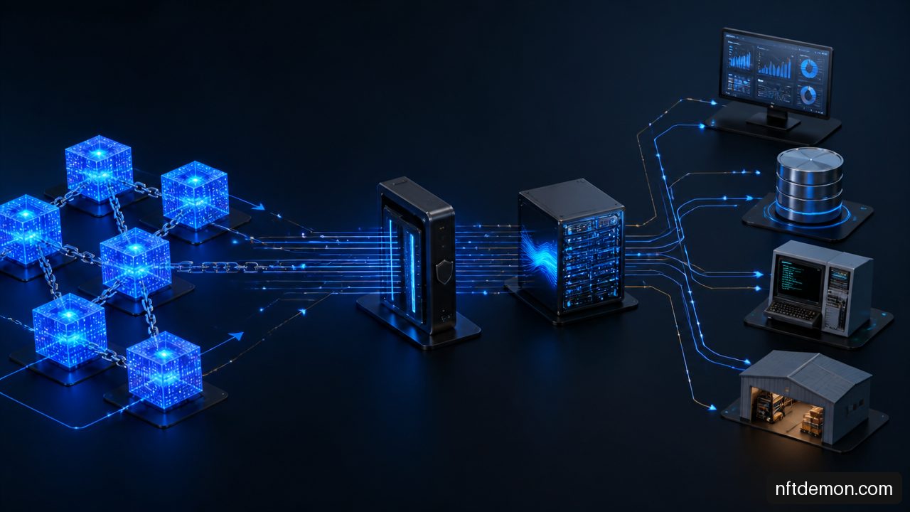 Diagram showing blockchain applications connected through an API gateway and event stream broker to ERP, CRM, mainframe, and warehouse software.