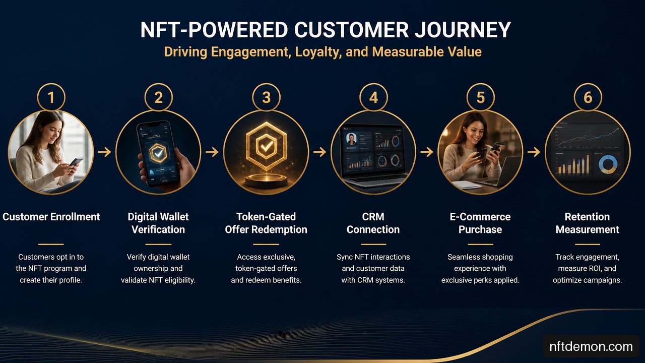 Diagram of wallet-to-CRM linking and token-gated customer engagement measurement.