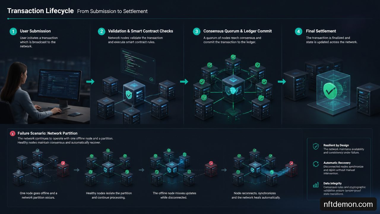 Diagram showing blockchain transaction stages from submission through consensus, commit, finality, and failure recovery.