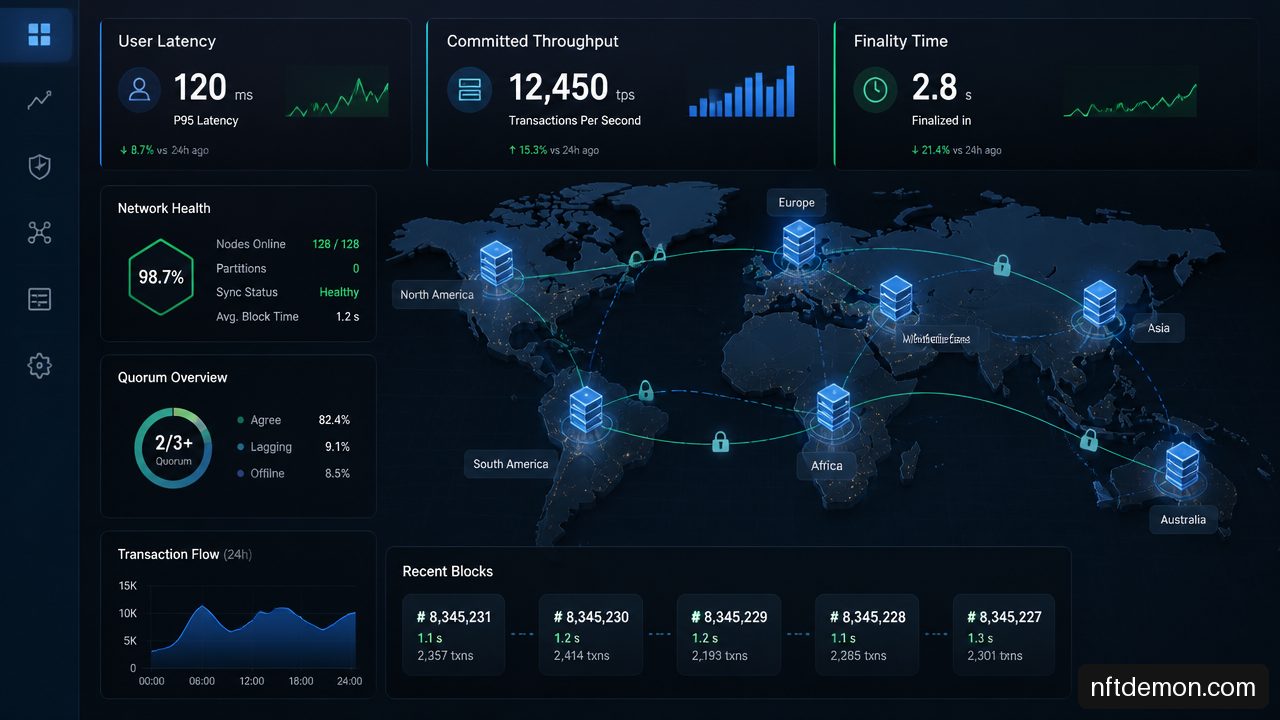 Enterprise blockchain performance dashboard showing latency, committed throughput, finality, and distributed network nodes.