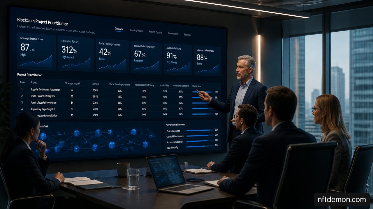 Innovation team reviewing blockchain project priorities and measurable business KPIs on a dashboard