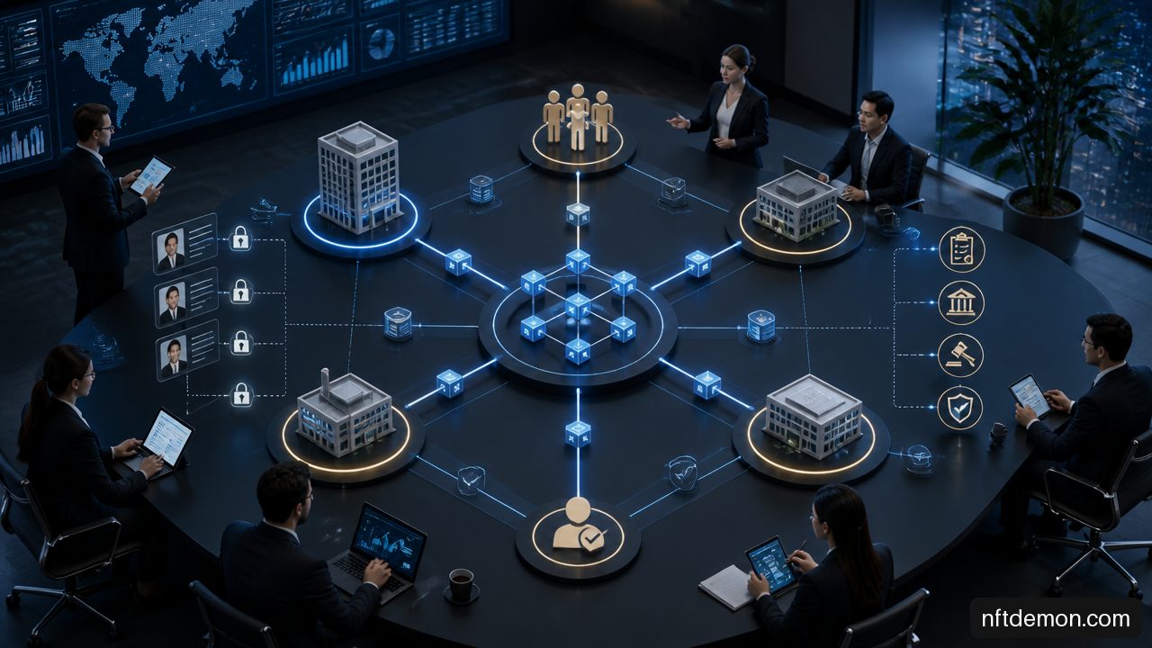 Enterprise blockchain operating model diagram connecting consortium members, validators, governance, and controls.
