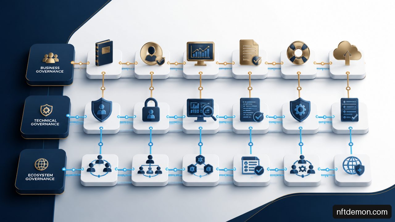 Visual framework connecting business, technical, and ecosystem governance in an enterprise blockchain network.
