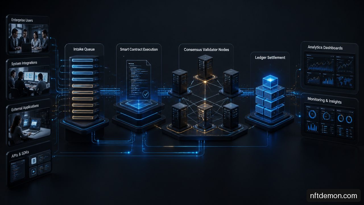 Enterprise blockchain transaction pipeline showing intake, smart contracts, validator nodes, ledger settlement, and analytics.