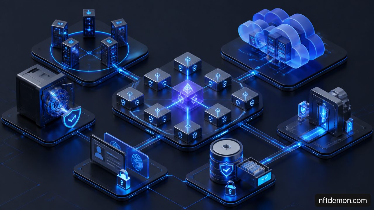 Enterprise blockchain architecture showing secure validator nodes, encrypted data storage, identity controls, and scalable infrastructure.
