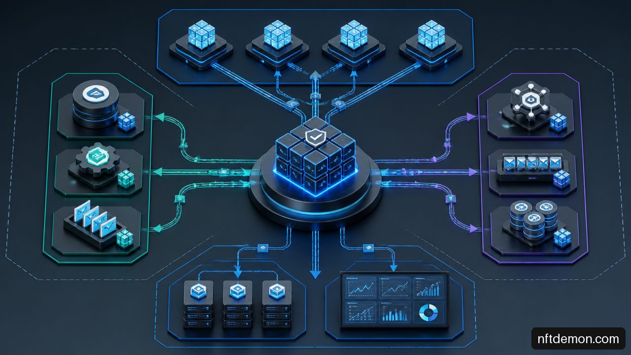 Enterprise blockchain scaling model showing Layer 2 processing, off chain storage, read replicas, and settlement to a central ledger.