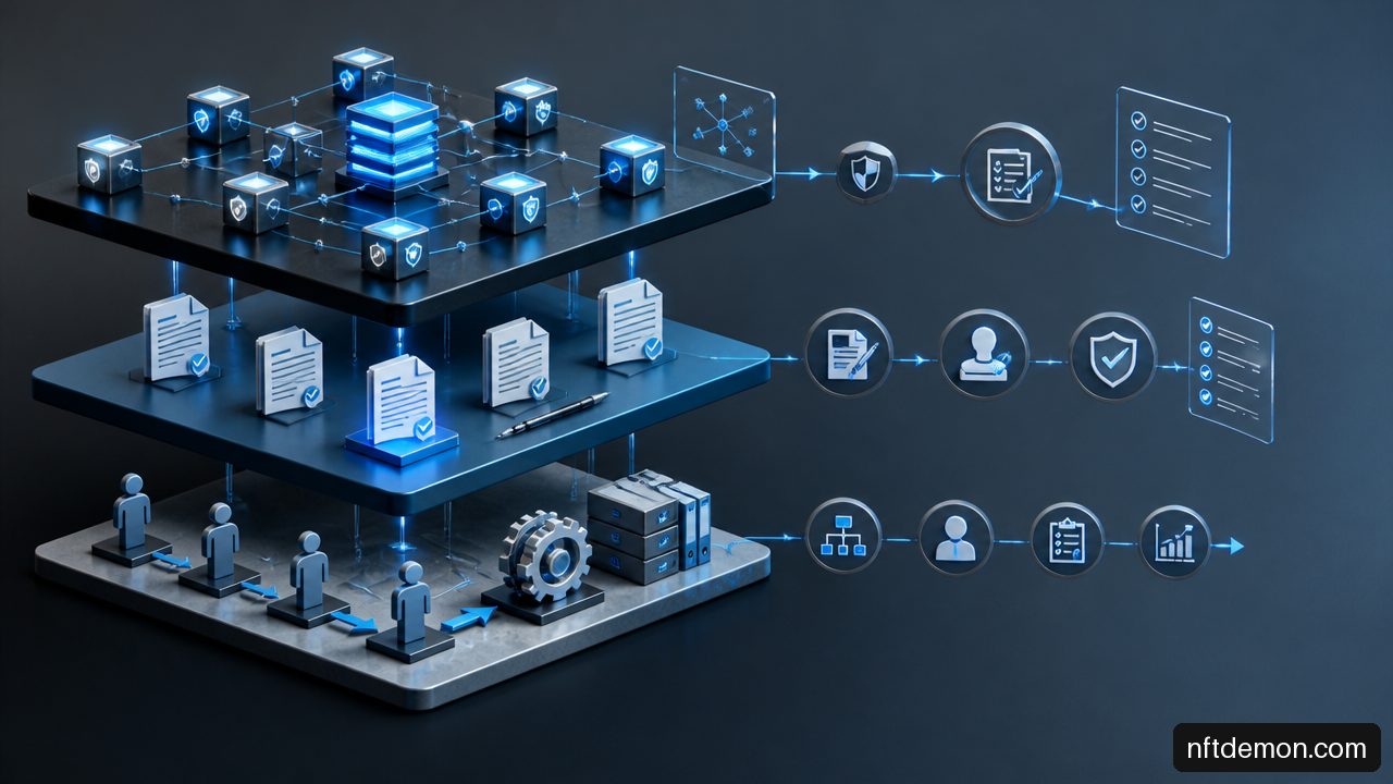 Diagram illustrating protocol, legal, and operational governance layers for an enterprise blockchain network