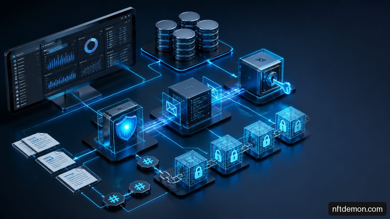 Enterprise ERP systems, databases, middleware, and a permissioned blockchain connected through secure integration flows.