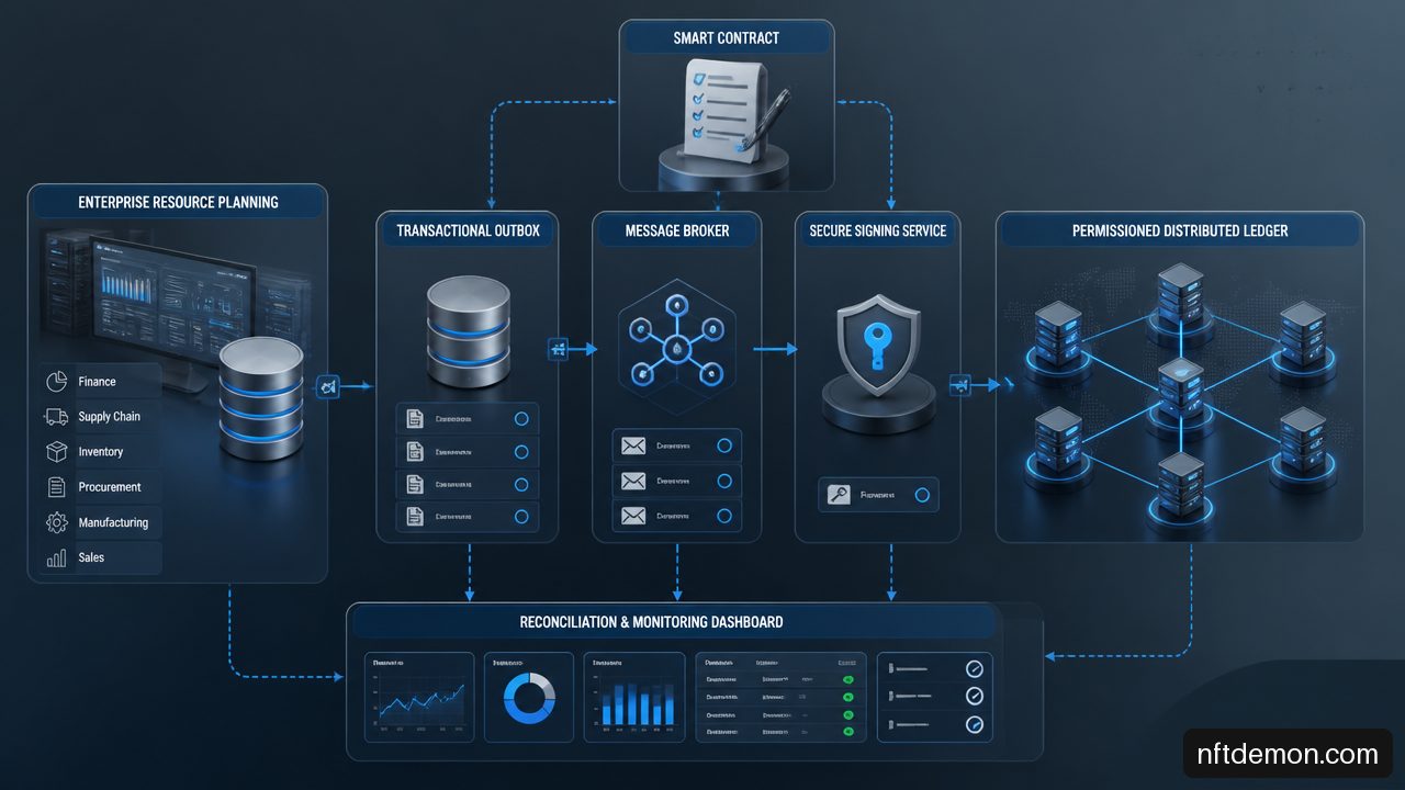 Hybrid blockchain integration workflow connecting an ERP database, event middleware, signing service, smart contract, and reconciliation controls.