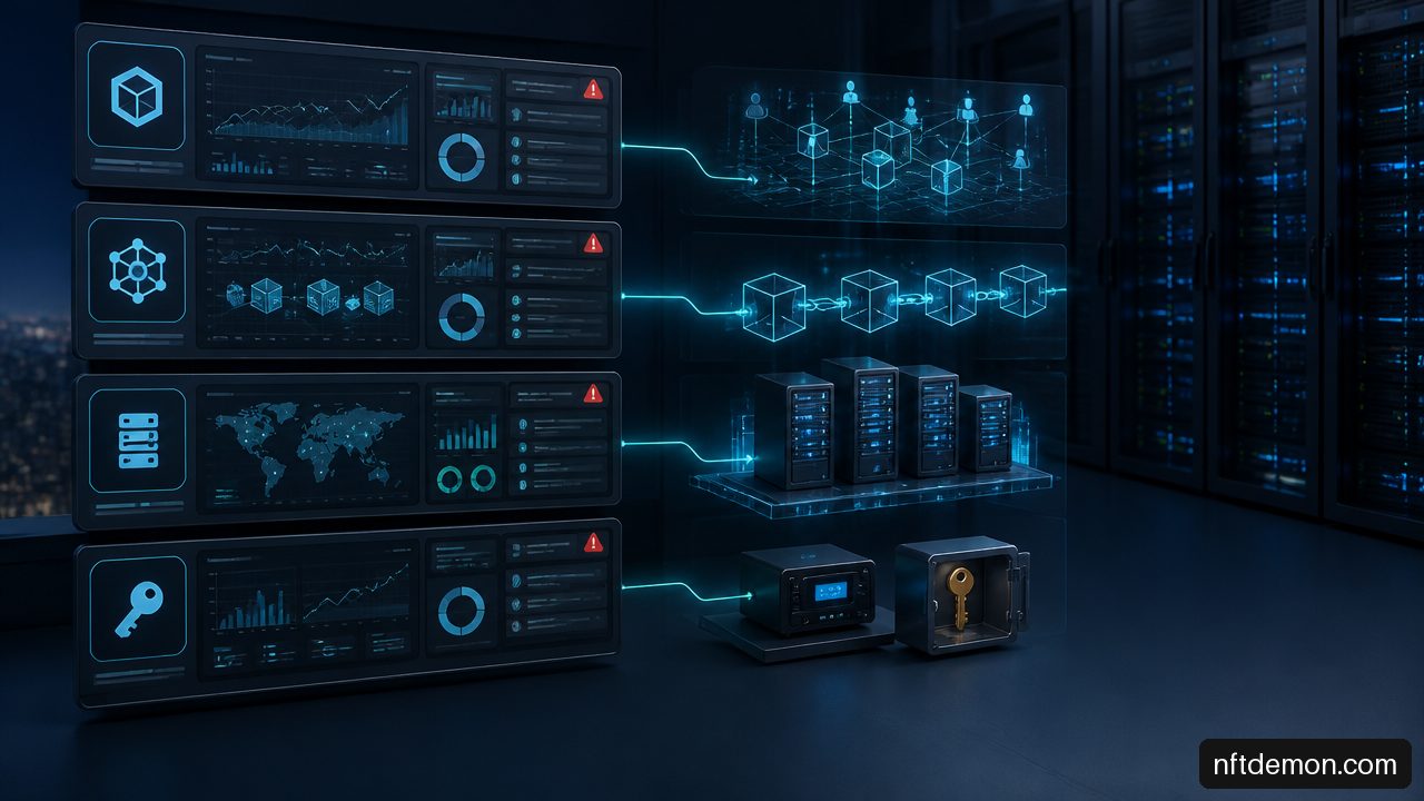 Four-layer monitoring model for business, ledger, infrastructure, and identity signals in a production blockchain system