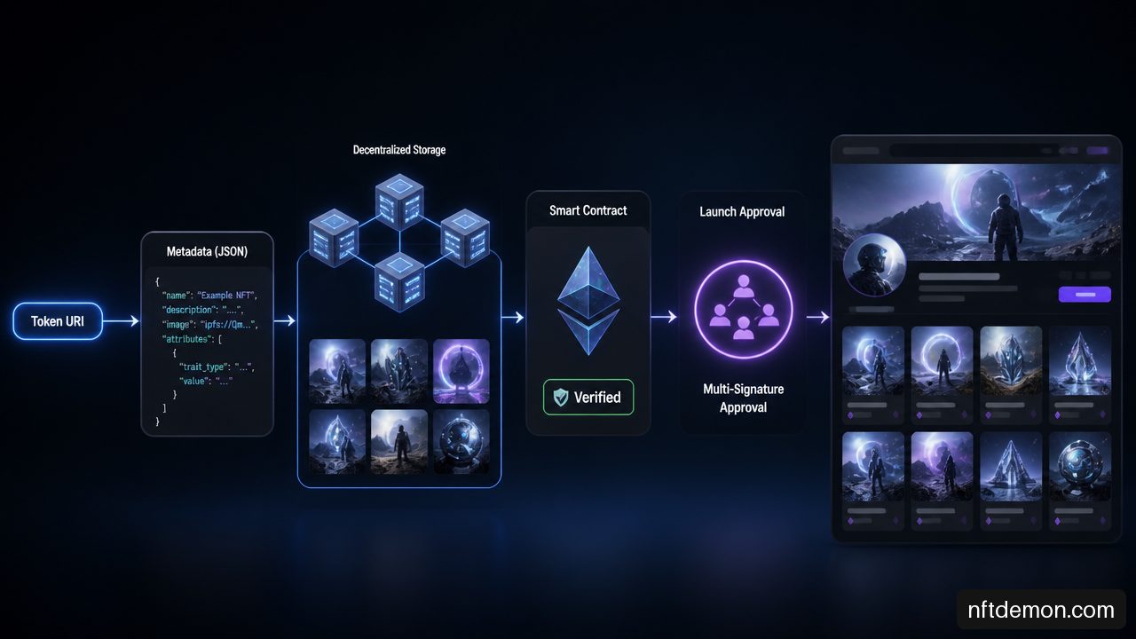 NFT metadata, token URI, multisig security, contract verification, and marketplace indexing workflow.