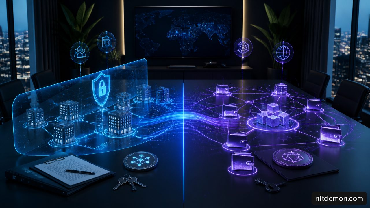 Illustration comparing a private permissioned enterprise blockchain with a public Layer 2 blockchain network.