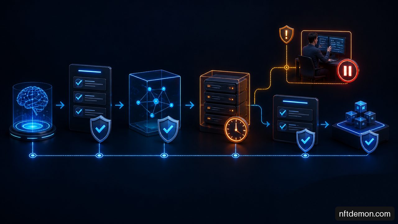 Diagram illustrating an AI agent proposal moving through policy validation, timelock queue, guardian cancellation, and smart contract execution.