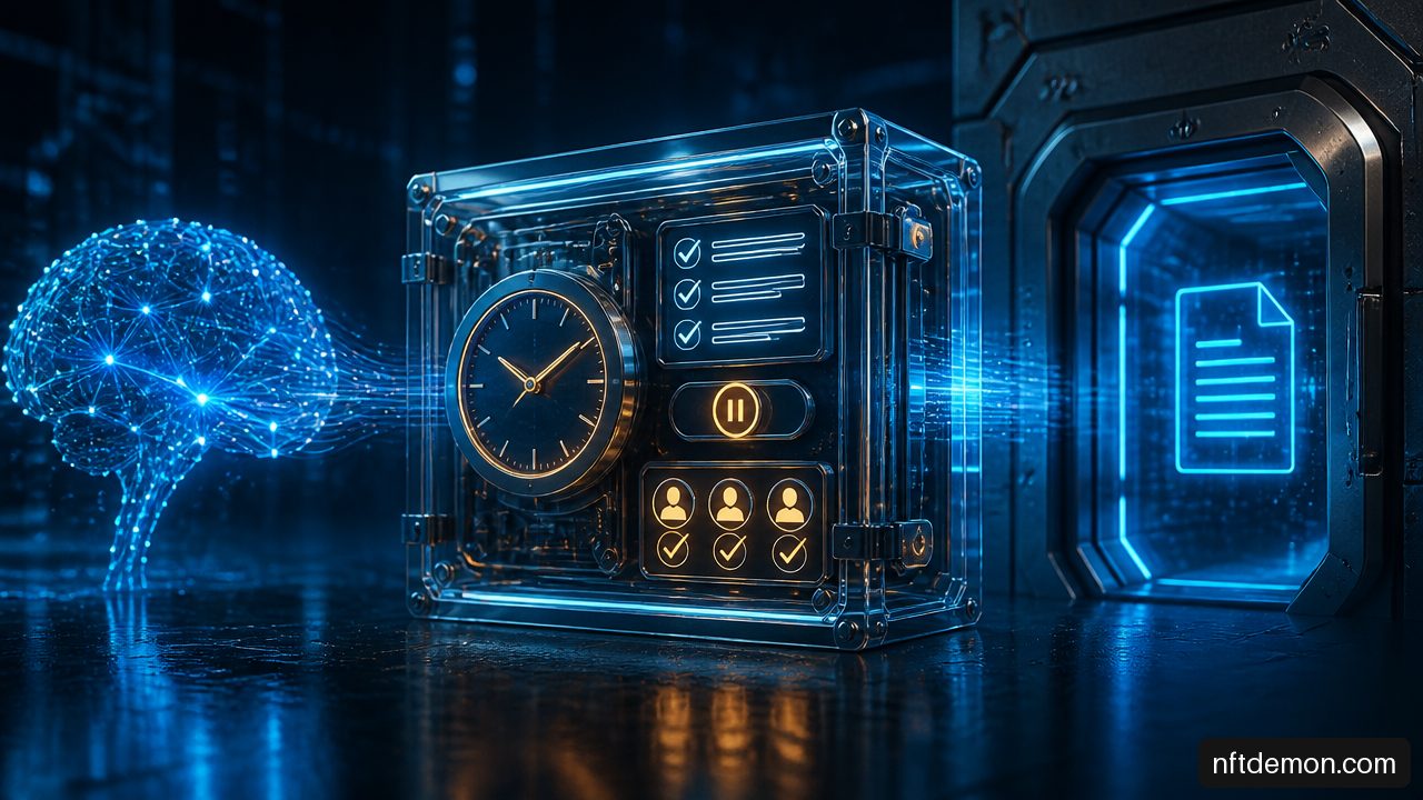 Illustration of an AI agent smart contract call passing through a time lock, policy engine, and emergency pause controls.