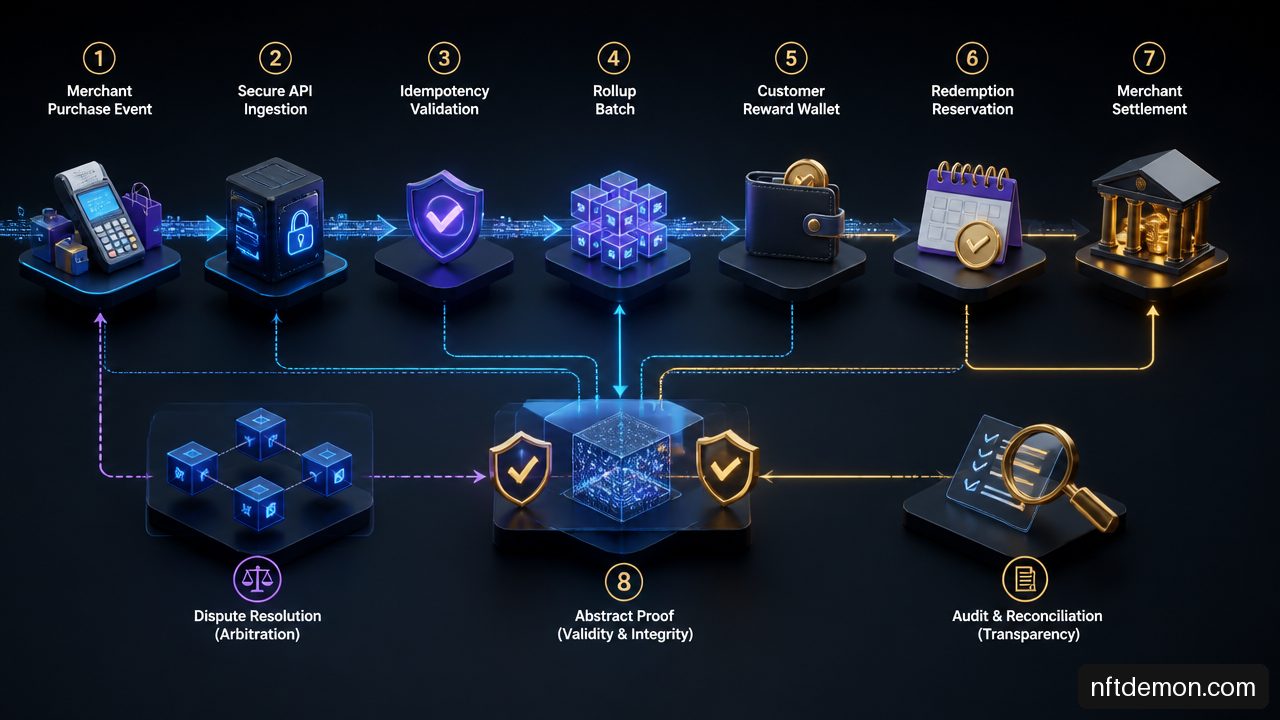 Diagram showing reward issuance, redemption, settlement, and reconciliation flows on a rollup based loyalty platform.