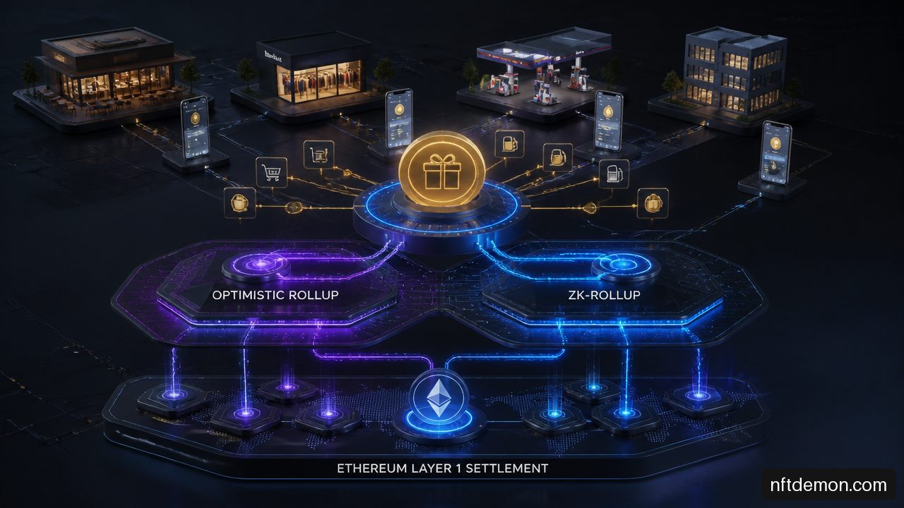 Illustration of optimistic and zk rollup pathways supporting a high throughput loyalty rewards ecosystem.