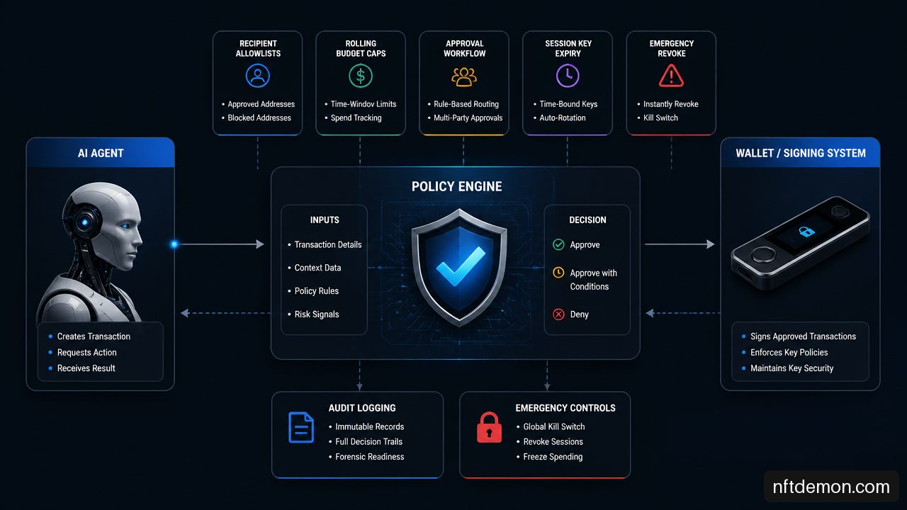 Diagram showing a policy engine enforcing spending limits and approvals before an AI agent wallet signs a crypto transaction.