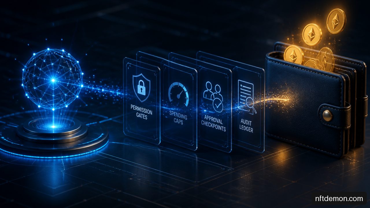 Illustration of an AI agent crypto wallet protected by enterprise permission controls and spending limits.