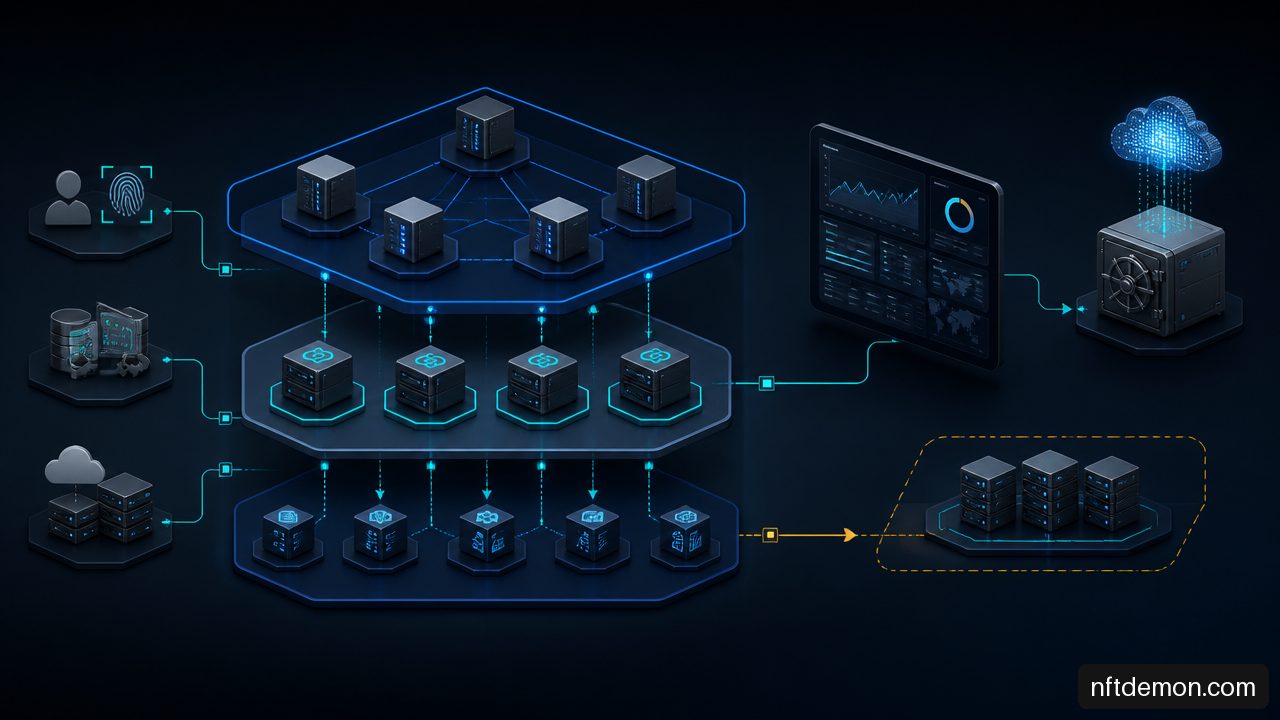 Enterprise blockchain architecture showing consensus nodes, application integrations, monitoring, and recovery controls.