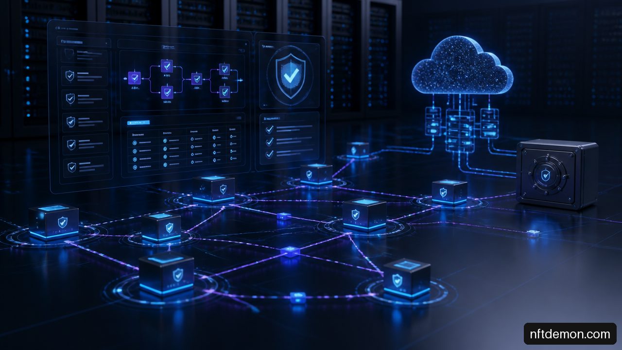 Enterprise blockchain production deployment controls showing secure nodes, governance approval, and encrypted infrastructure.