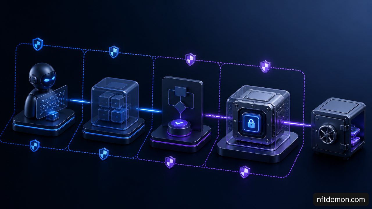 Diagram showing an AI agent requesting a signature from an isolated key vault without accessing the private key.