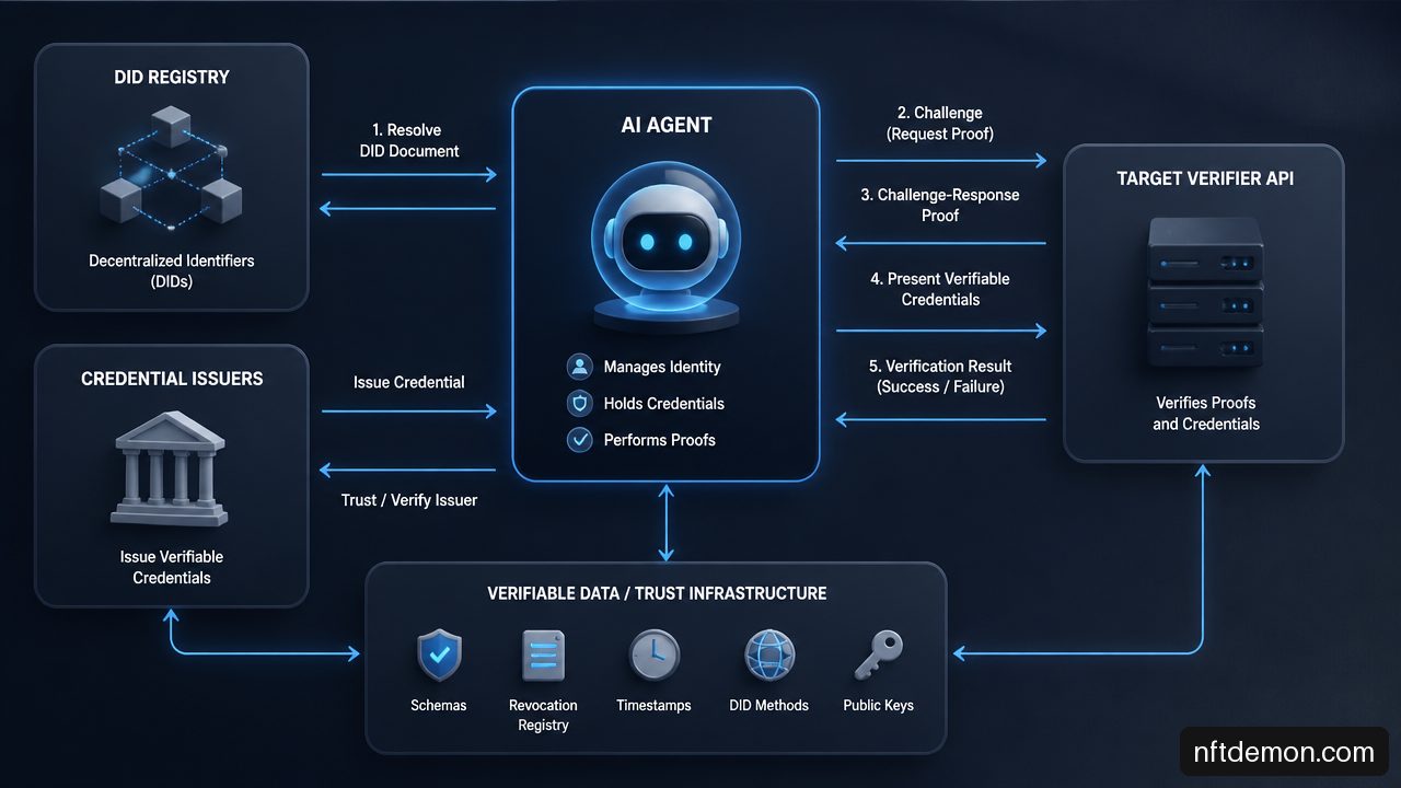 System architecture flow illustrating challenge response authentication and verifiable presentation validation between an AI agent and verifier.