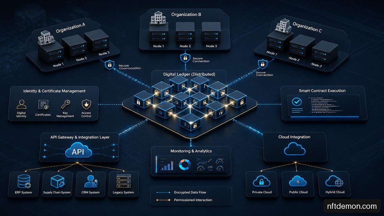 Isometric enterprise blockchain architecture showing nodes, identity controls, smart contracts, integrations, and monitoring.
