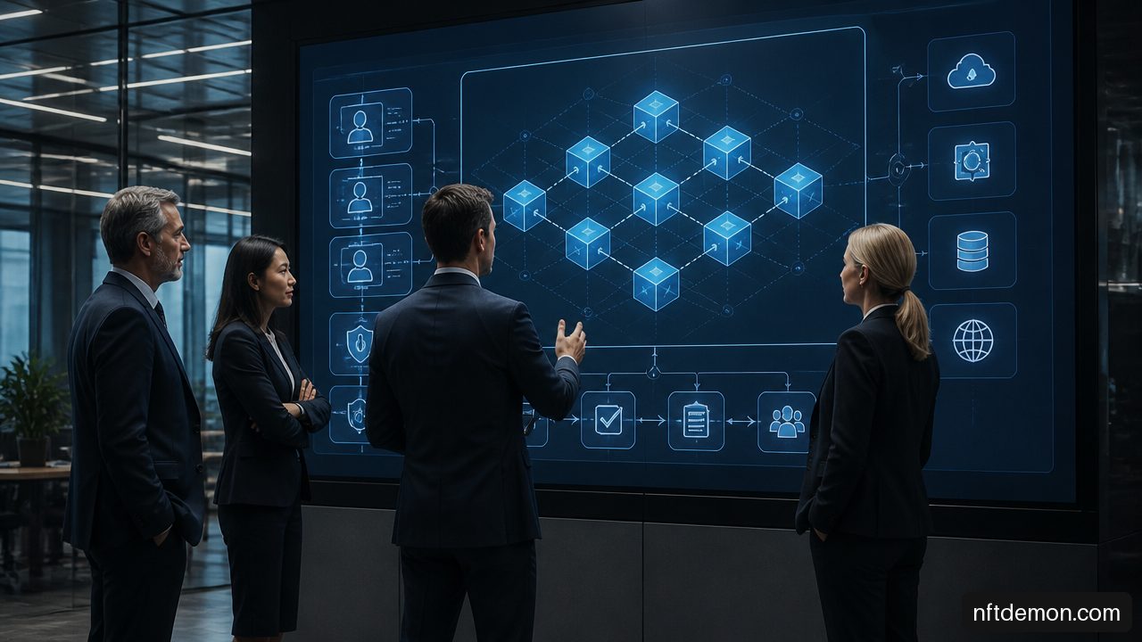 Enterprise technology leaders reviewing a blockchain architecture and governance plan.